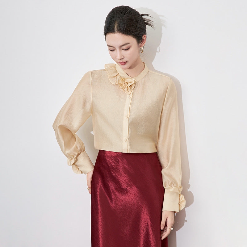 Fashionable Slim Fit Women's Shirt South Oil Luxury 3D Flower Tencel Bubble Gauze Spring Top New Style Elegant Thinming