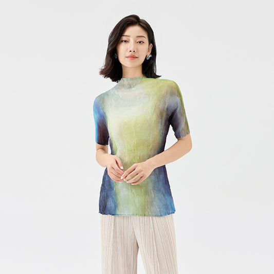 Pleated T-shirt Women Long Sleeve Light Base Shirt Fashion Gradient Personality Versatile Tops