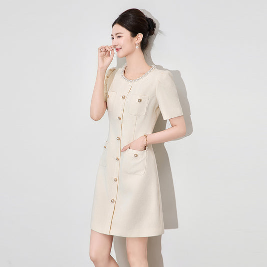 Neck Pearl Mini Dress Women's Summer New Style Luxury Brand Name Lady Heavy Embroidery Work Small Fragrance Style