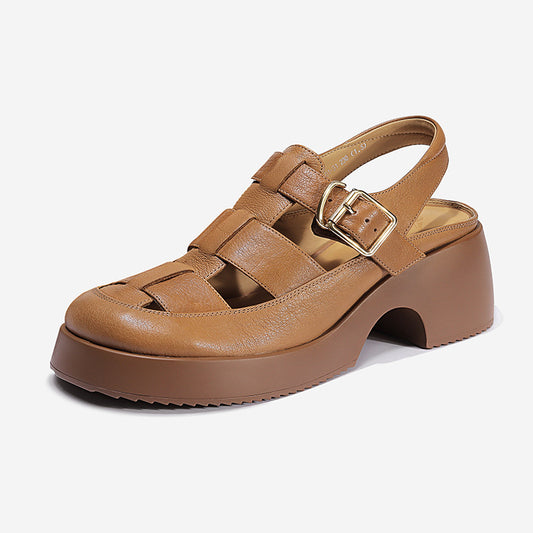Real Leather Sandals For Women In Summer White Retro Thick Heel Hollow Pig Cage Shoes