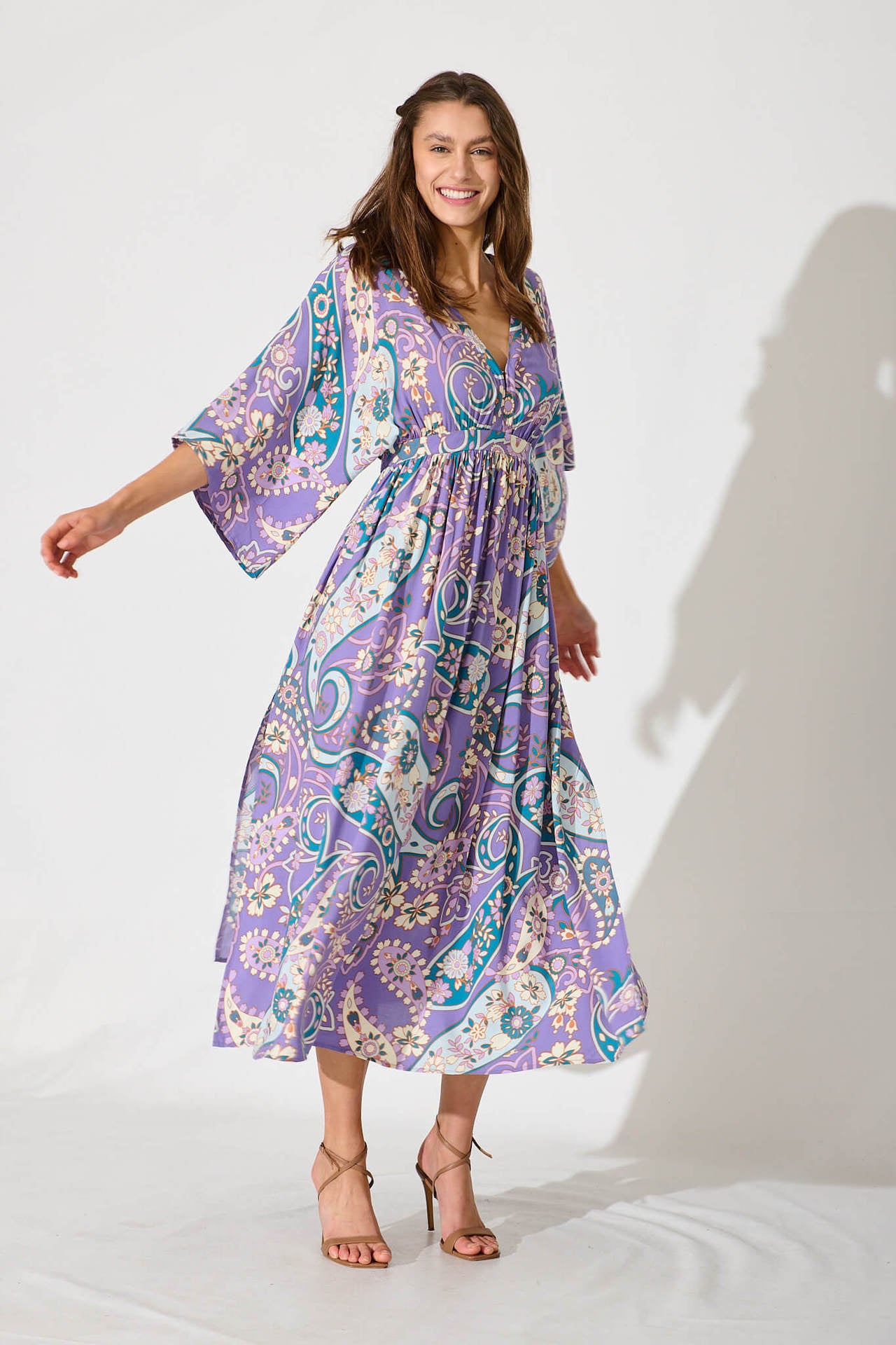 Elegant Vacation Dress Women Summer New Casual V-Neck Bat Sleeve Waist Long Dresses Loose Printed Bohemian Style Female Vestidos