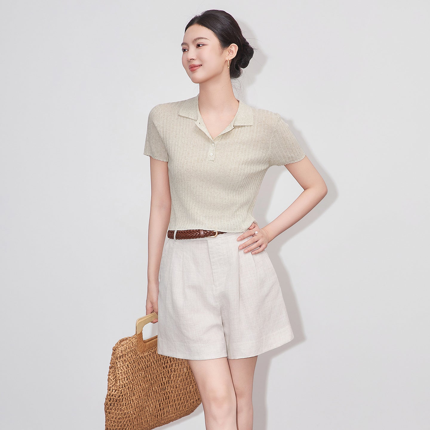 Women's Summer Knitted Polo Neck Tee Shirts Clothing Stretch Short Sleeve Bodycon Casual Folds Tops Ladies