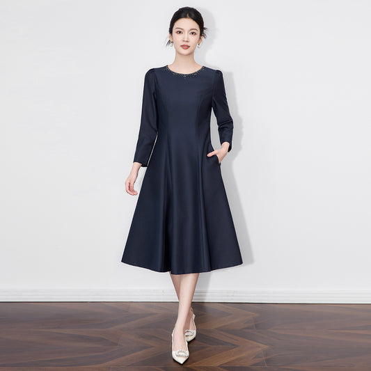 O-neck Mid Dress Spring Women Diamond Long Sleeves Loose Dresses Summer High Waist Pullover Zipper Knee Length Dress