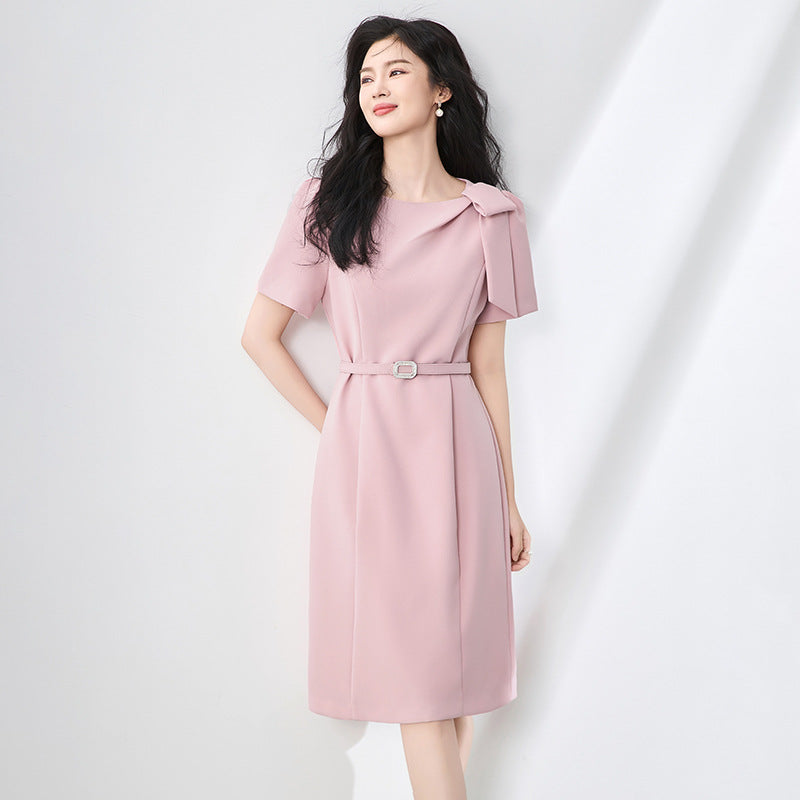 Elegant Bow Office Dress Women Designer Fashion Short Sleeve Belted Solid Red Party Knee Length Dresses Female Robes