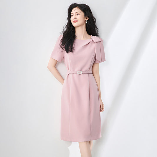 Elegant Bow Office Dress Women Designer Fashion Short Sleeve Belted Solid Red Party Knee Length Dresses Female Robes