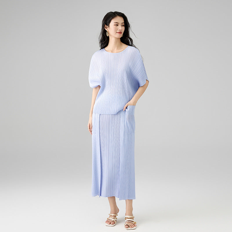 Women's Tops Loose Plus Size T-shirt Pleated Short Sleeve Solid Color Design T-shirt