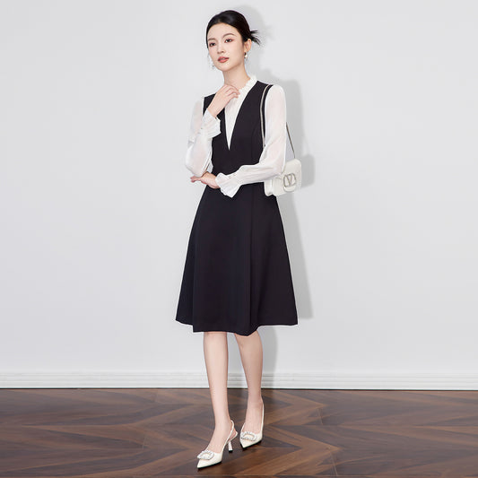 Elegant Commute Ready Two-Piece Dress Women's Fashion Full Sleeve Lantern Sleeve French Style Empire Waist Gown