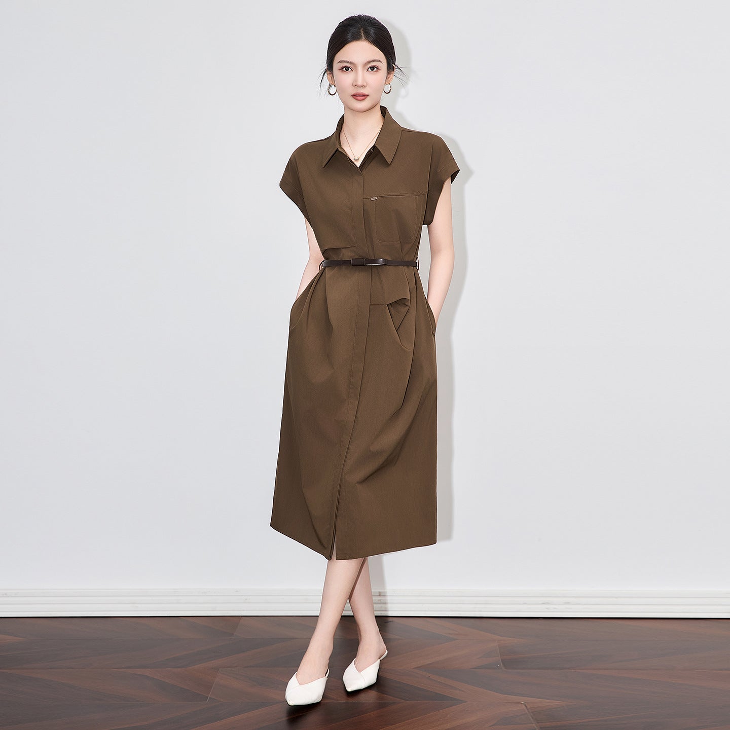 Women's Elegant Commuter Solid Dress Summer Turn-Down Collar Short Sleeve Slim-Fit Fashion Dresses With Belt