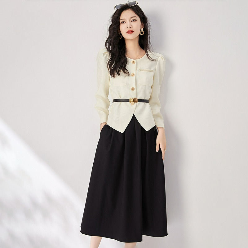Fashion Women Skirt Suits 2 Piece Set New Long Sleeve Single Breasted Slim Blazer High Waisted A Line Midi Skirt