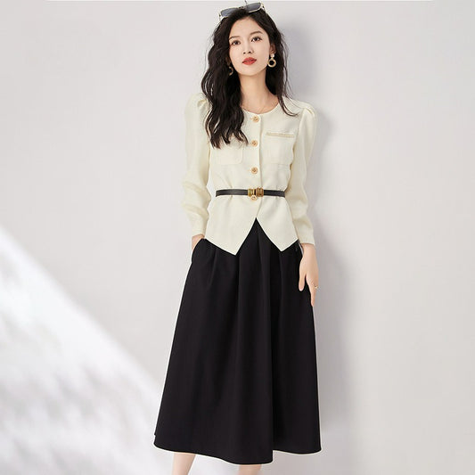 Fashion Women Skirt Suits 2 Piece Set New Long Sleeve Single Breasted Slim Blazer High Waisted A Line Midi Skirt