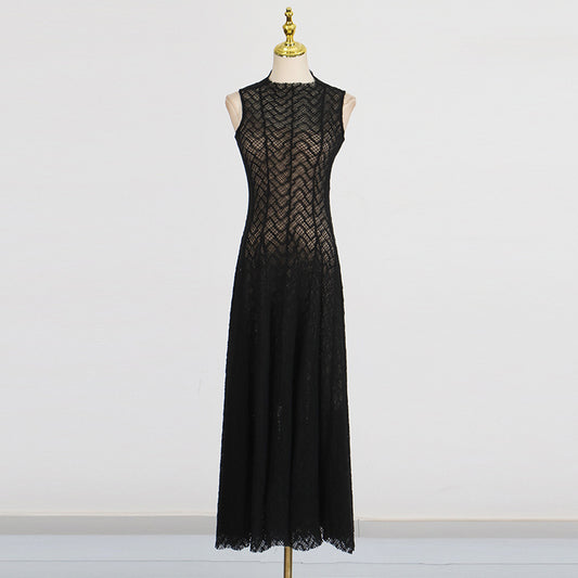 Solid Hollow Up Lace Sexy Dresses For Women Turtleneck Sleeveless High Waist Temperament Summer Dress Female Fashion Style