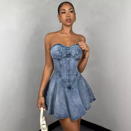 Women Cross Border Wrap Chest Sleeveless Fashion Temperament Denim Sexy Spice A-line Dress