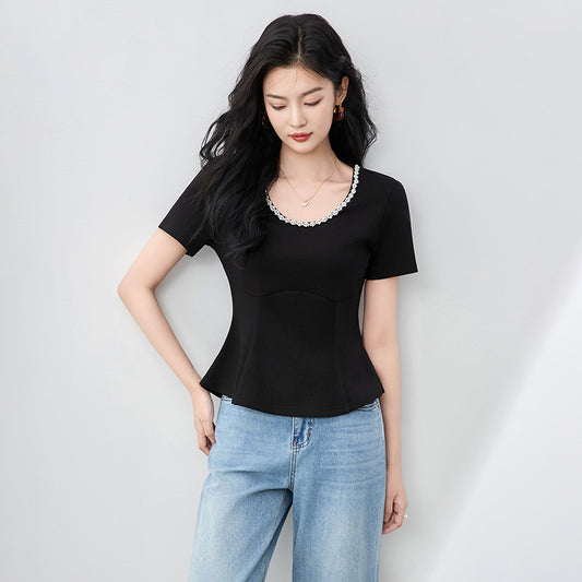 Summer Fashionable and Unique Heavy Industry Nail Bead Round Neck Waist Short Sleeve Women's Top