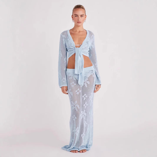 Jacquard Knitted Hollow Out Holiday Beach 2 Piece Set Women Solid Lace Up Long Sleeve Cardigan Crop Tops + Long Skirts Cover Ups