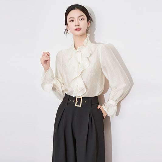 Ruffled Collar Lace-up Bow Shirts For Women 2025 Autumn Chiffon New Flared Long Sleeve Top Womans Clothing
