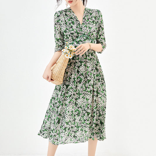 Summer Fashion Dresses For Women 2025 Elegant Chic V-neck High Waist Women's Floral Print Dress 100% Real Silk Long Midi Dress