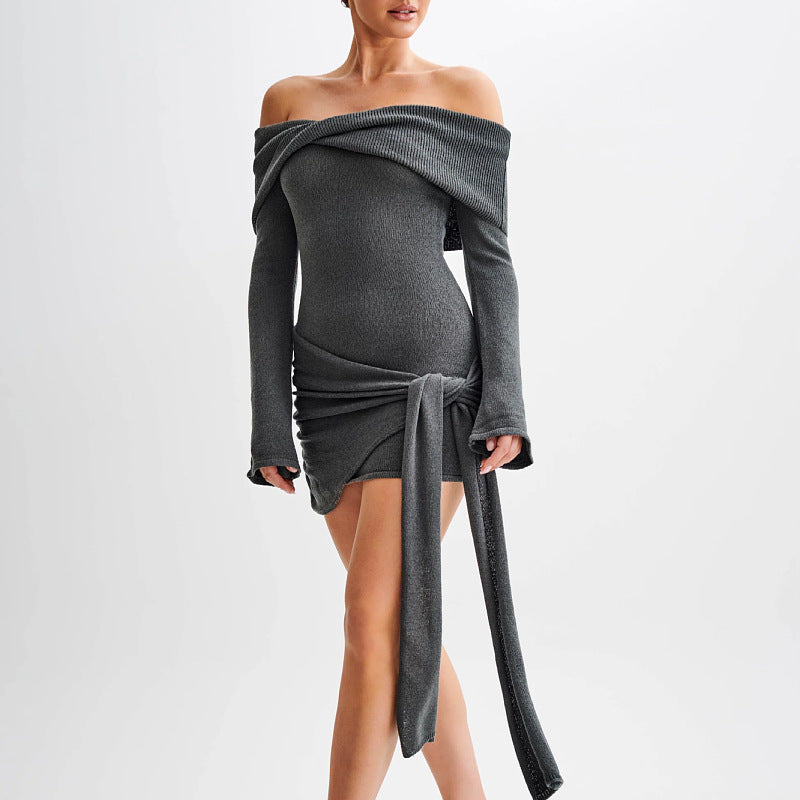 Fashion Knitted Sweater Mini Dress Female off-shoulder Slim Twist Ribbed Knitwear Bodycon Dress Autumn Long sleeve Party Dresses