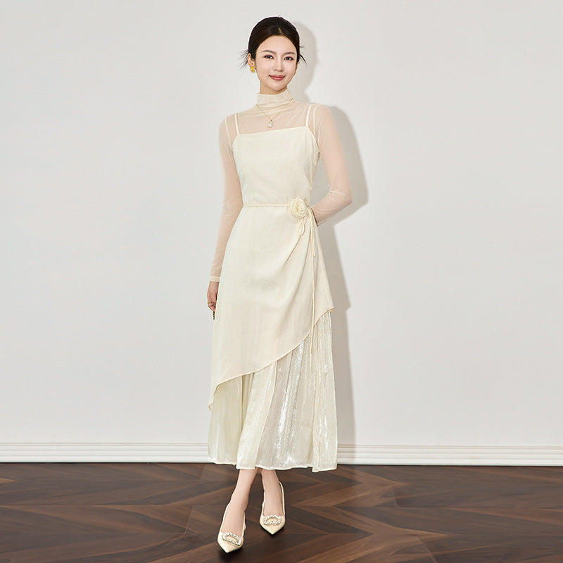 2 Piece-Set Dress Women See-Through Slim Sexy Mini Dress Fashion Long Sleeve Patchwork Autumn 2025 Maxi Dress Sets