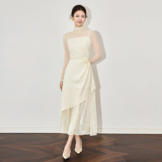 2 Piece-Set Dress Women See-Through Slim Sexy Mini Dress Fashion Long Sleeve Patchwork Autumn 2025 Maxi Dress Sets