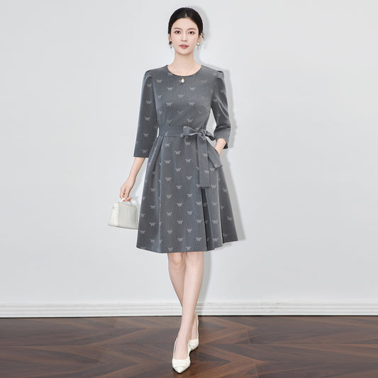 French Elegant Commuter Vintage Dress Women Autumn Round Neck Long Sleeve Butterfly Jacquard High Waist Midi Dress