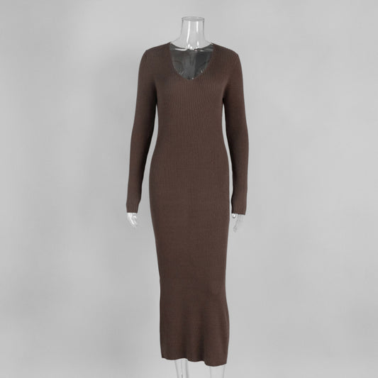 Autumn Winter Warm Women's Knitted Dress Elegant V Neck Thick A-line Dress Brown Long Sleeve Vintage Midi Casual Dresses for Wom