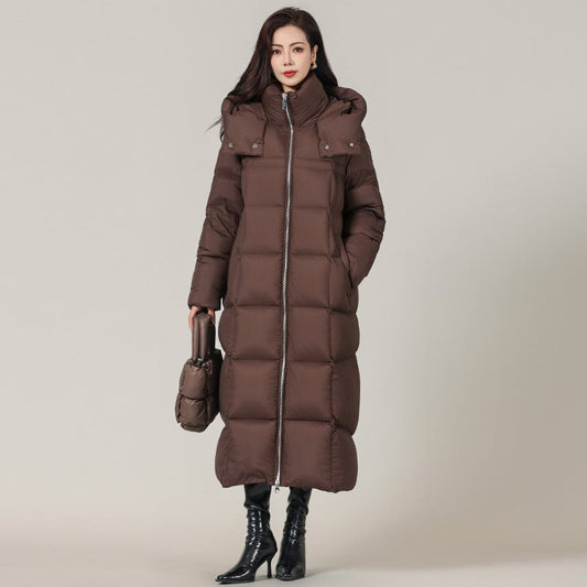 New Women Goose Down Coats Oversized Loose Long Brown Hooded Down Jackets Winter Warm Coat