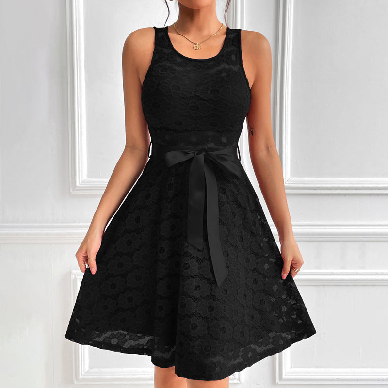 Women'S Lace Party Dress Summer Short Sleeve O Neck Swing High Waist Bridesmaid Dress Bow Tie Formal Cocktail Swing A Line Dress