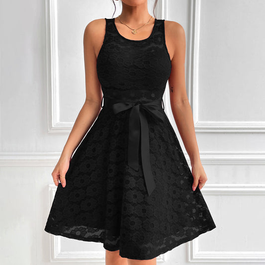Women'S Lace Party Dress Summer Short Sleeve O Neck Swing High Waist Bridesmaid Dress Bow Tie Formal Cocktail Swing A Line Dress