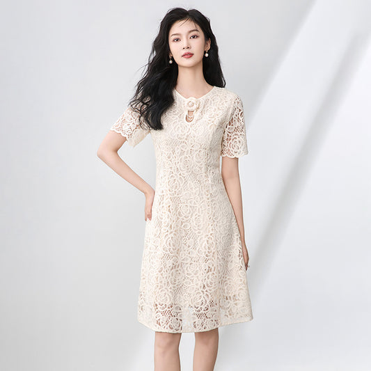 Elegant Dress For Women Round Neck Three-dimensional Flower Decoration Hollow Out Patchwork Female Dresses