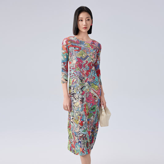 New Spring Print Pleated Skirt/Holiday Party Temperament Loose Bat S Sleeve Dress