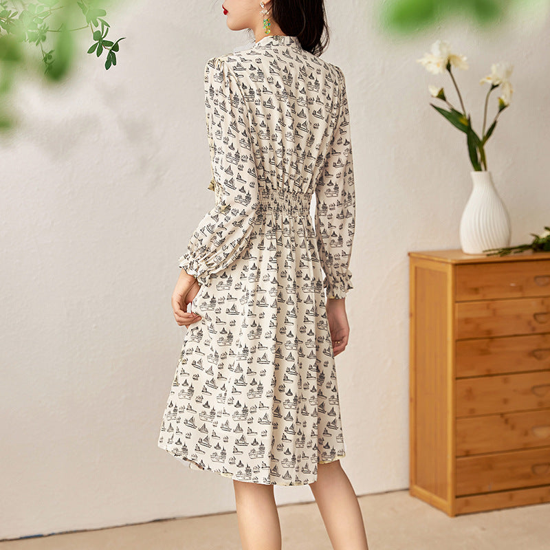 Women Vintage A-Line New Temperament Lovely Girls Printed Puff Sleeve Kawaii Korean Style Retro Vestido Spring V-Neck