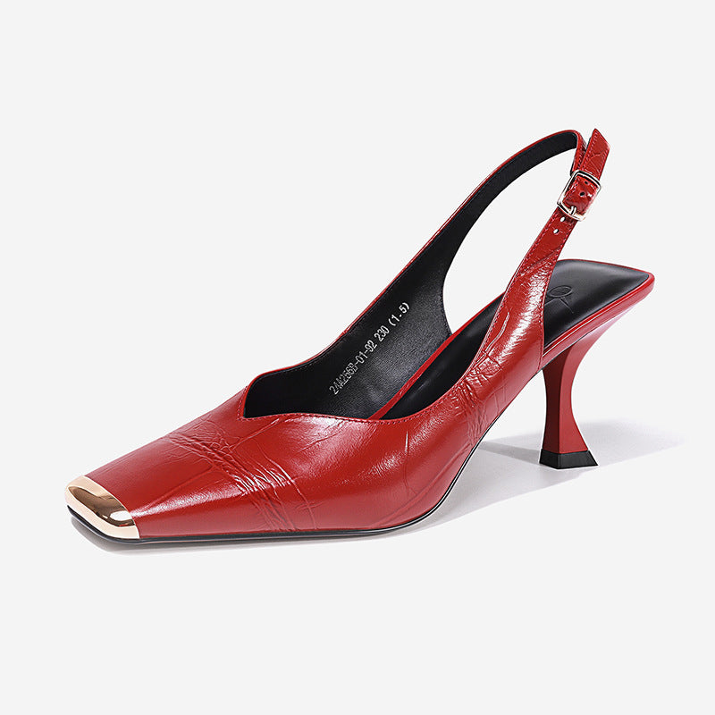 Woman Summer Sandals Simple Pumps Elegant Metal Toe Shoes For Women Spring Autumn Med Heel Slingbacks Sandals