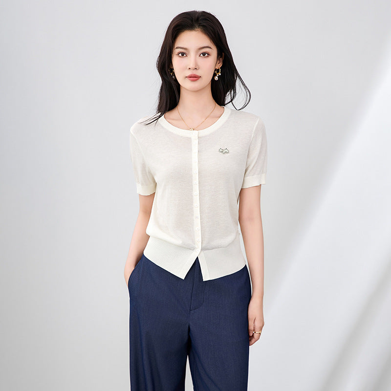 Women's Short-Sleeved Round Neck Knitted Cardigan Summer New Comfortable Versatile Top Thin Sweater