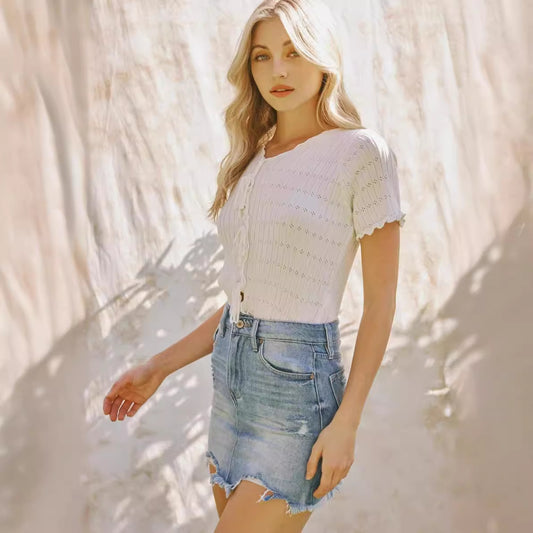 Sexy High Waist Denim Skirts Ribbed Raw Hem Mini Skirts Summer Women'S Casual A Line Jean Skirt
