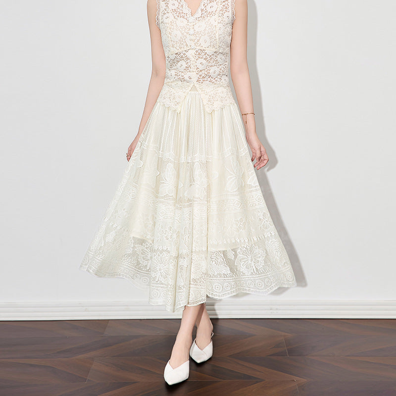 White Lace Tank Dress For Woman Korean Fashion V-Neck Hollow Out Sleeveless Long Maxi Dresses Designer Clothes Vestido Blanco