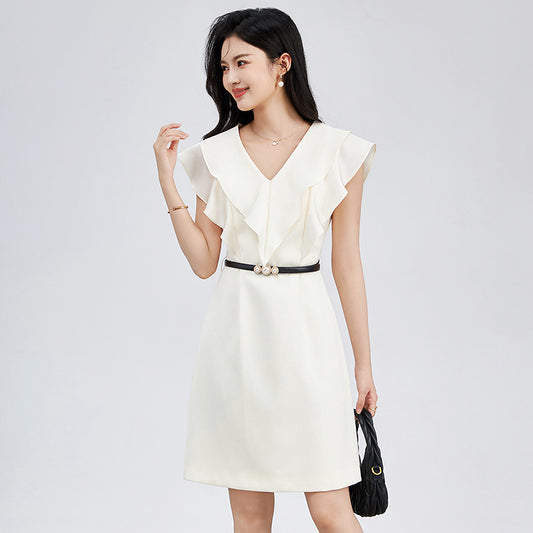 Elegant V-neck A- line Work Dress Women's Summer Slimming Tea Break French Style Commute Skirt Short Sleeve Ankle-length