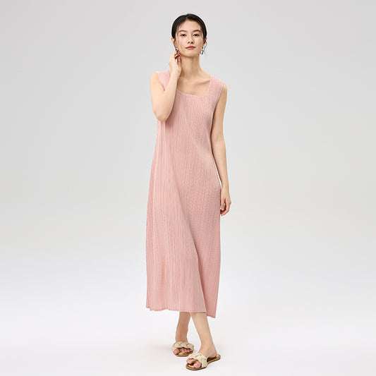 New French Vintage U-neck Sleeveless Women's Dress Elegant Temperament Elastic Slim Mid Length Dresses