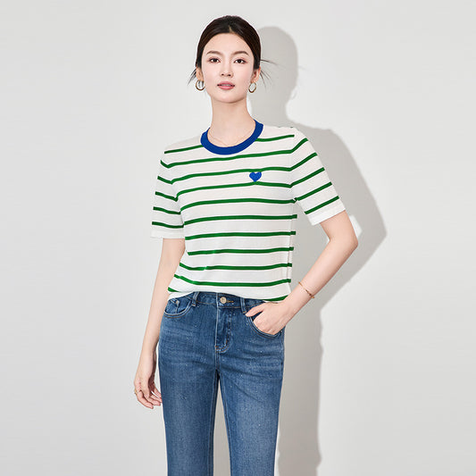 Summer Women's Knitted T-shirt Sweater Love Embroidery Striped Loose Fashion Casual Tees Tops Short Sleeve