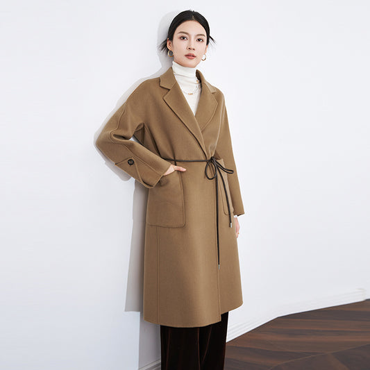 Women Handmade Hepburn Corrugated Water Ripples Coat Double-sided Cashmere Wool Long Woolen Jacket Cashmere Coat