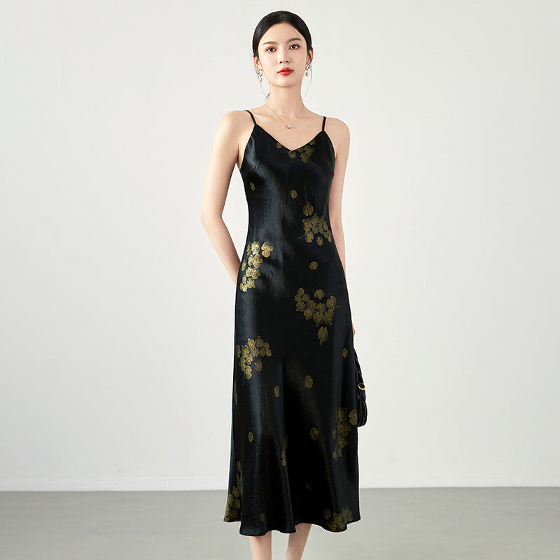 Women's Clothing High-Quality French Style Noble Temperament Printing Acetic Acid Silk Suspenders Wearing a Dress
