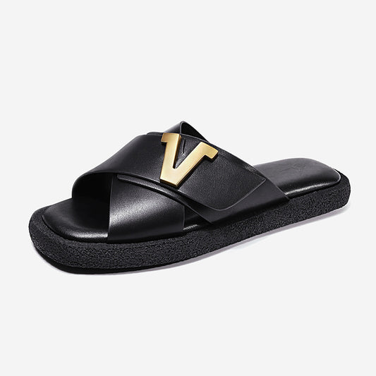 Summer Slippers Womens Lightweight Anti-Slip Genuine Leather Cross Strap Printed PLetter Style Casual Shoes