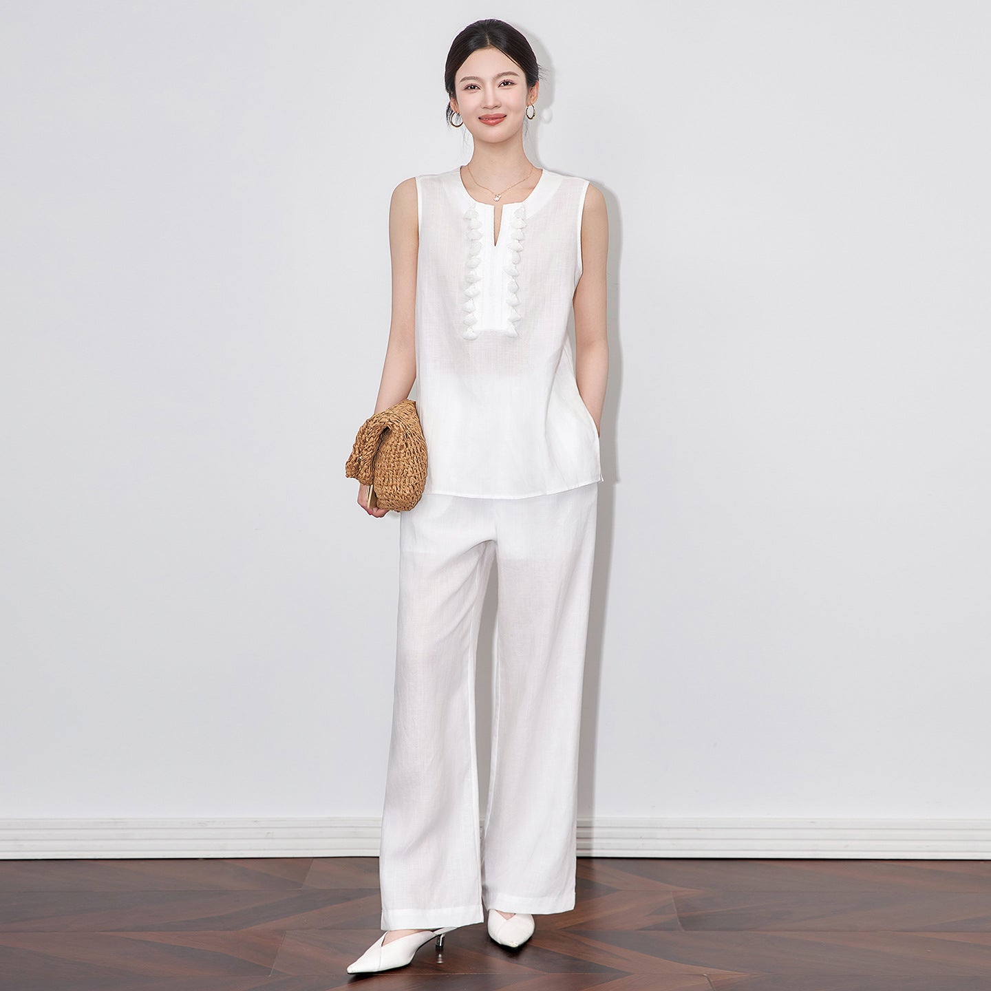 Casual Cotton Tank Pants Women's Set Strapless Sleeveless Tanks Wide Leg Trousers Female White Sets Summer Chic Lady