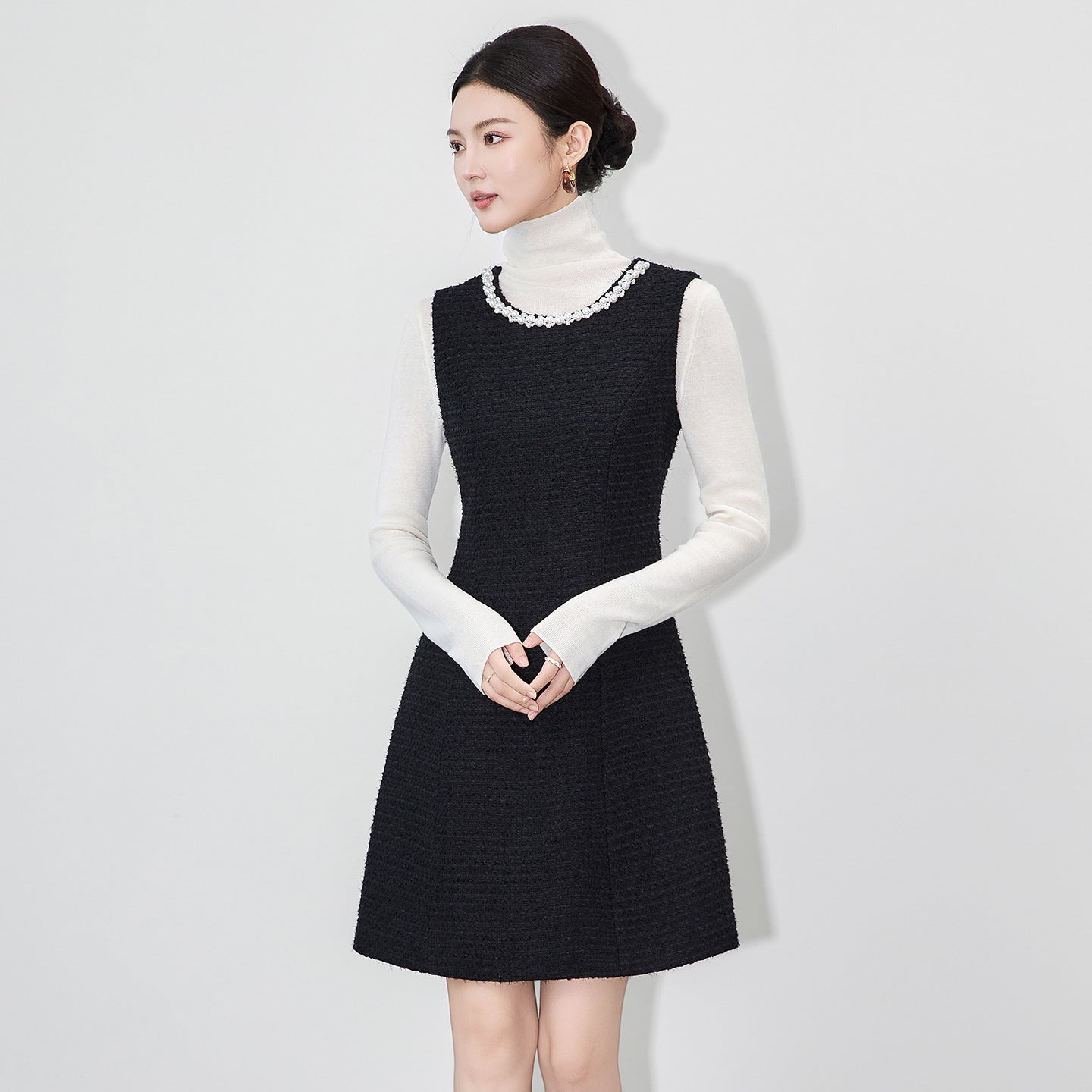 Women Vest Dress Chic Slim Office A-line Tweed Dresses Party Vestido For Women Autumn Winter Woolen Robe Gilet Thicken