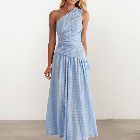 Summer Women's Long Dress Solid Color Fashion Slim Fit Sleeveless Single Shoulder Dress Elegant Feeling Maxi Dress