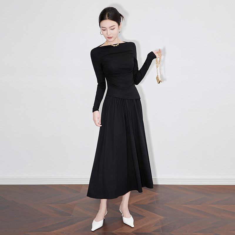 Women's Long Sleeve Top+Half Skirt Two Piece Set Fashion Vintage Elegant French One Shoulder Clothes Dress Outfits