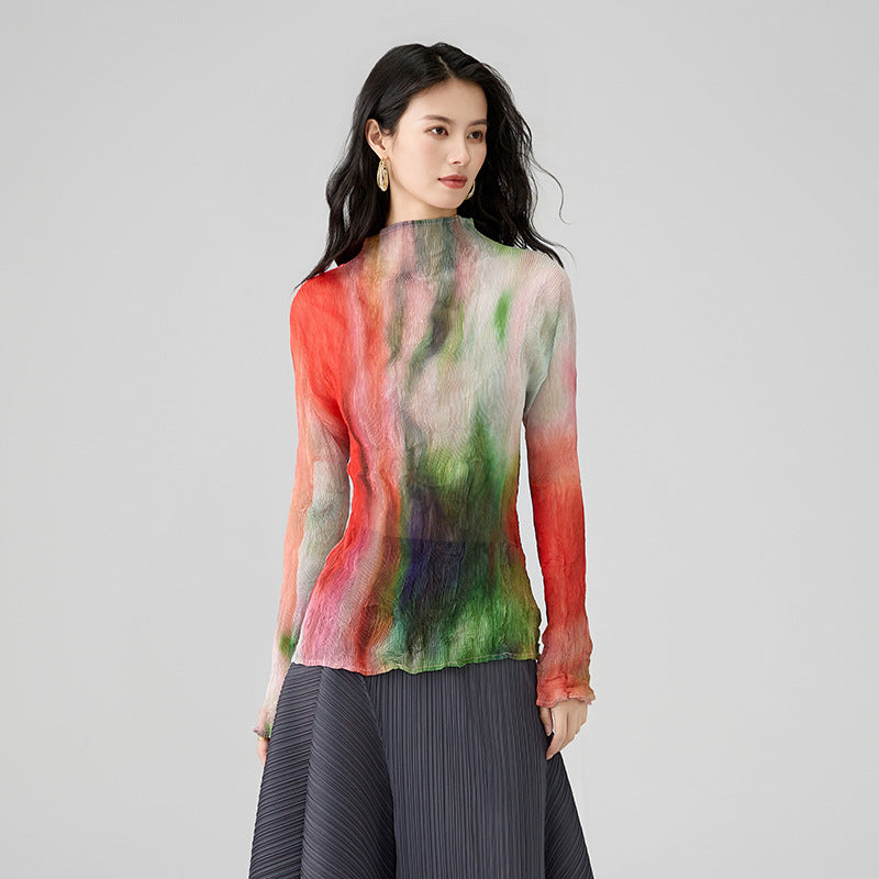 Women's Bottoming Shirt Wicker Print Fashionable Versatile Half-high Neck Slim T-shirt