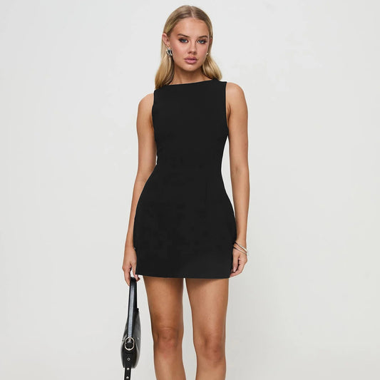 New Women's round Neck Sleeveless Slim Fit Mini Dress Pure Color Bodycon Gown Cross-Border Fashion Elegant Dress