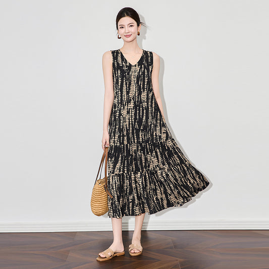 Fashion Elegant Tie Dye Striped Dress For Summer Women's Plus Size Clothing Sundress Loose Sleeveless Vest Dresses