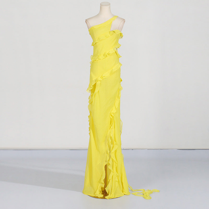 Solid Patchwork Tree Fungus Dresses For Women Diagonal Collar Sleeveless Backless High Waist Slimming Long Dress Female