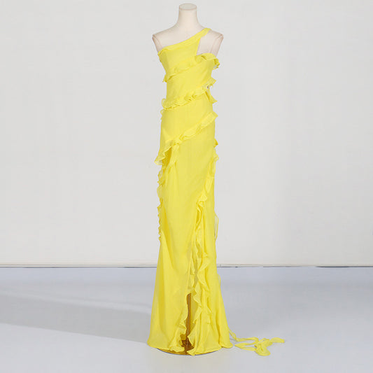 Solid Patchwork Tree Fungus Dresses For Women Diagonal Collar Sleeveless Backless High Waist Slimming Long Dress Female